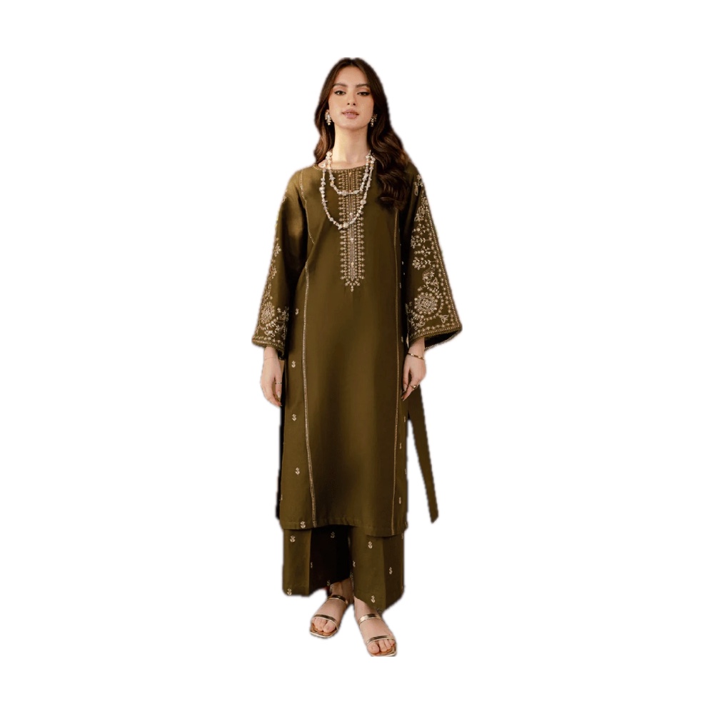 Batik Dhanak 2-Piece Suit - Olive Green Golden Embroidered