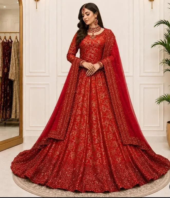 Red Bridal Sharara Dress - Kora Dabka Work