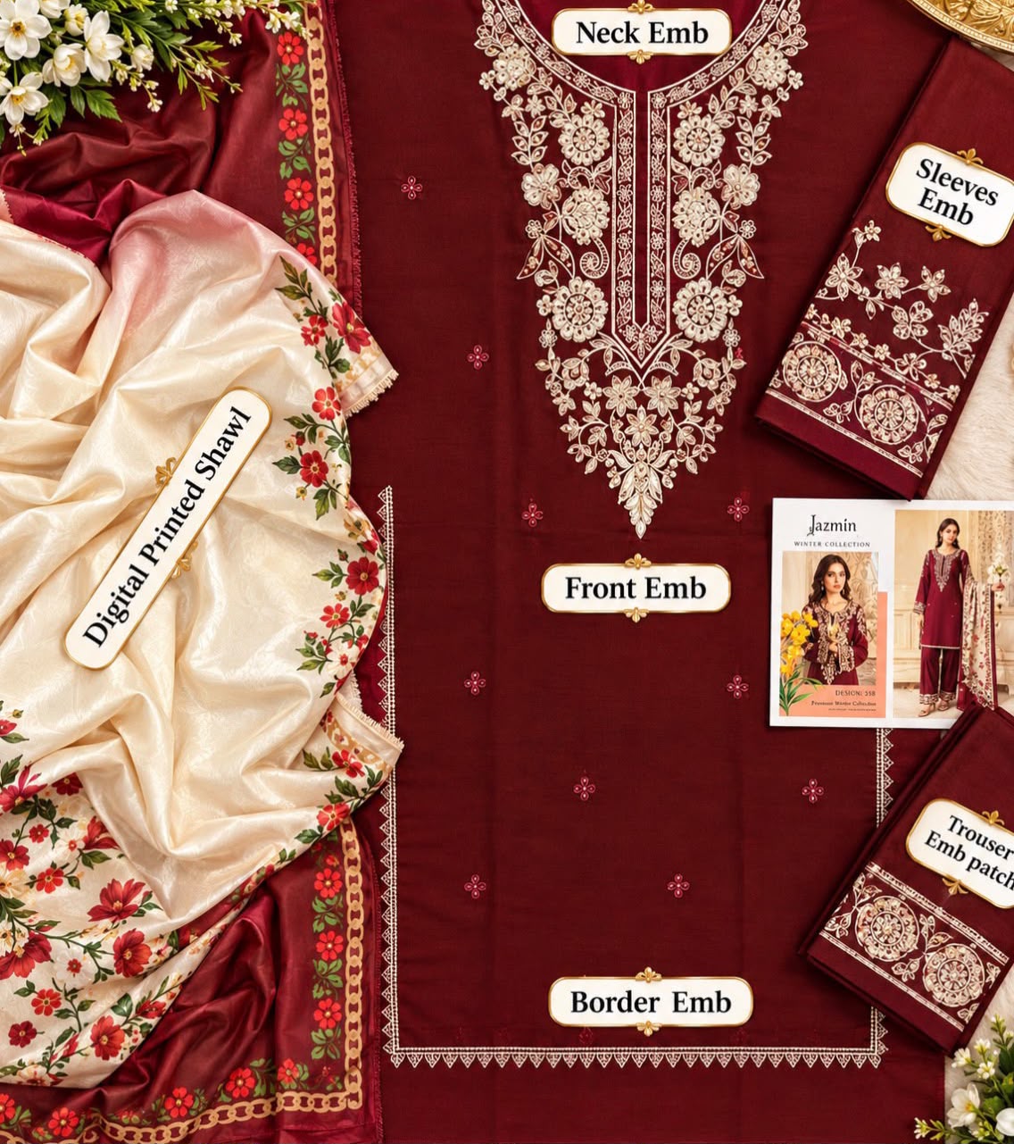 Jazmine Winter Dhanak 3pc With Digital Shawl - Maroon