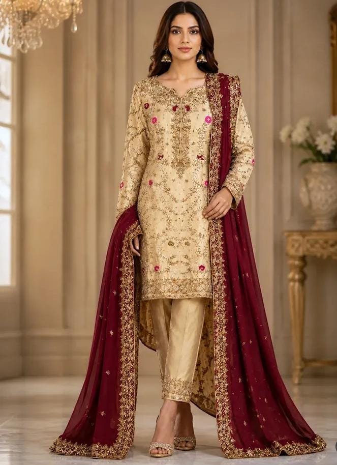 Off White & Maroon Bridal Dress - Kora Dabka Work