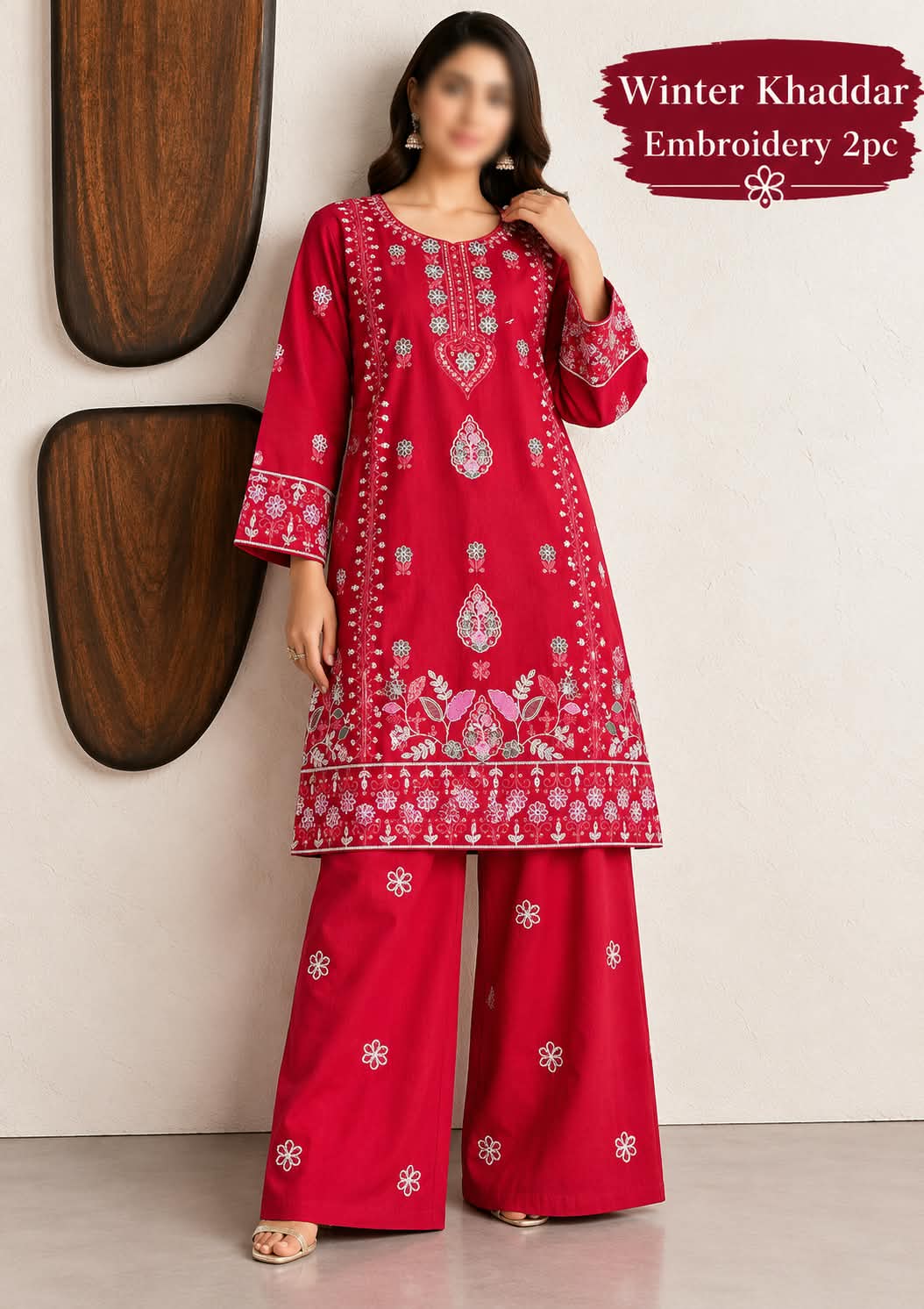 Winter Khaddar Embroidery 2pc Stitched - Red