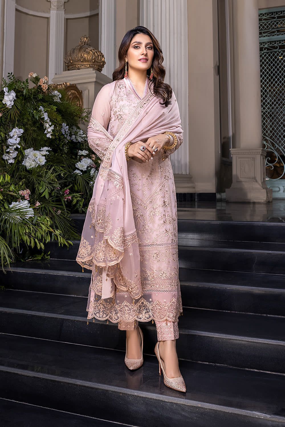 Azure Chiffon Embroidered Luxury 3pc - Tea Pink