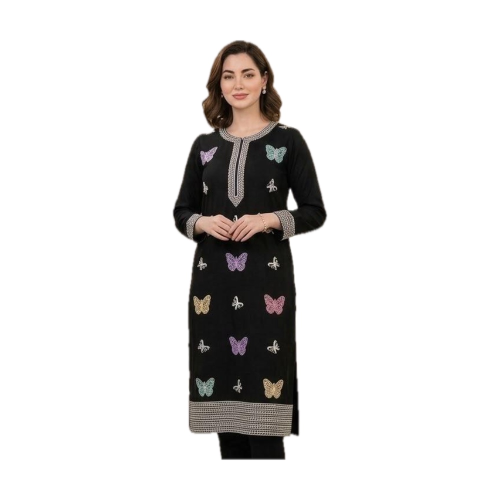 Ready-to-Wear Kurti with Trouser - Black with Multicolor Butterfly Embroidery