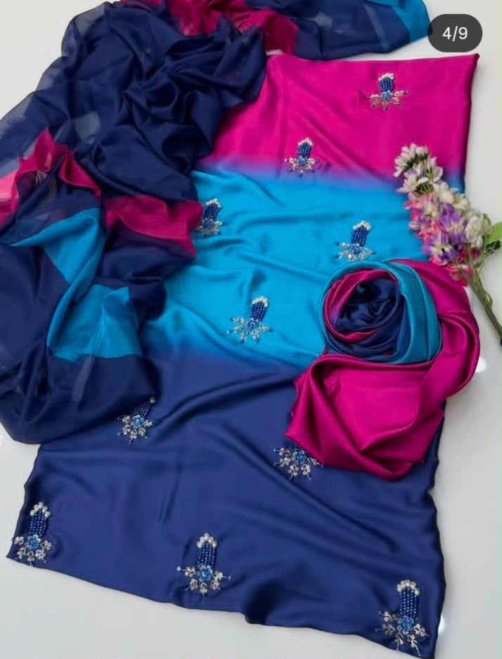 Shamoze Silk Digital Tie And Dye 3pc Market Copy - Navy Magenta
