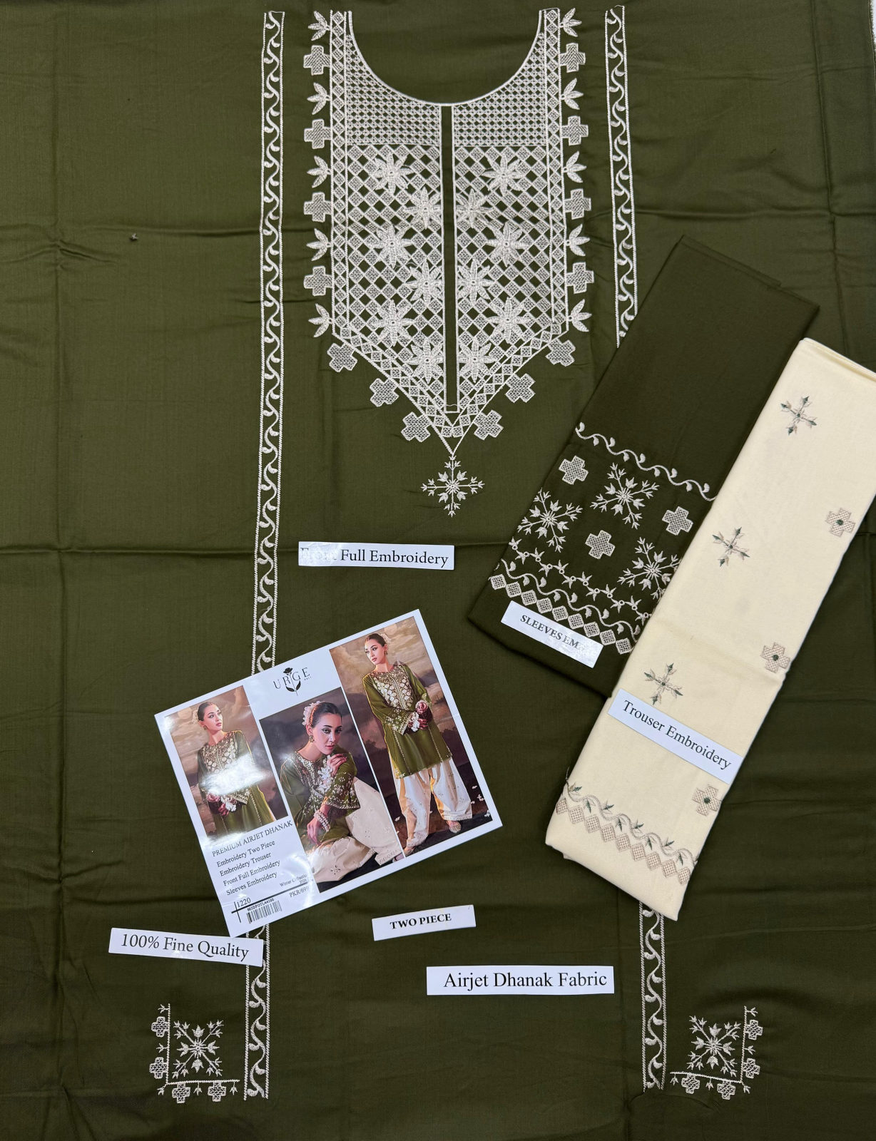 Batik Premium Dhanak 2pc Embroidery Collection - Olive Green