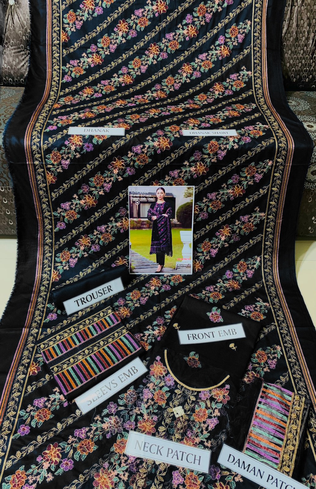Dhanak 3pc Embroidered Suit with Embroidered Shawl - DESIGN 14