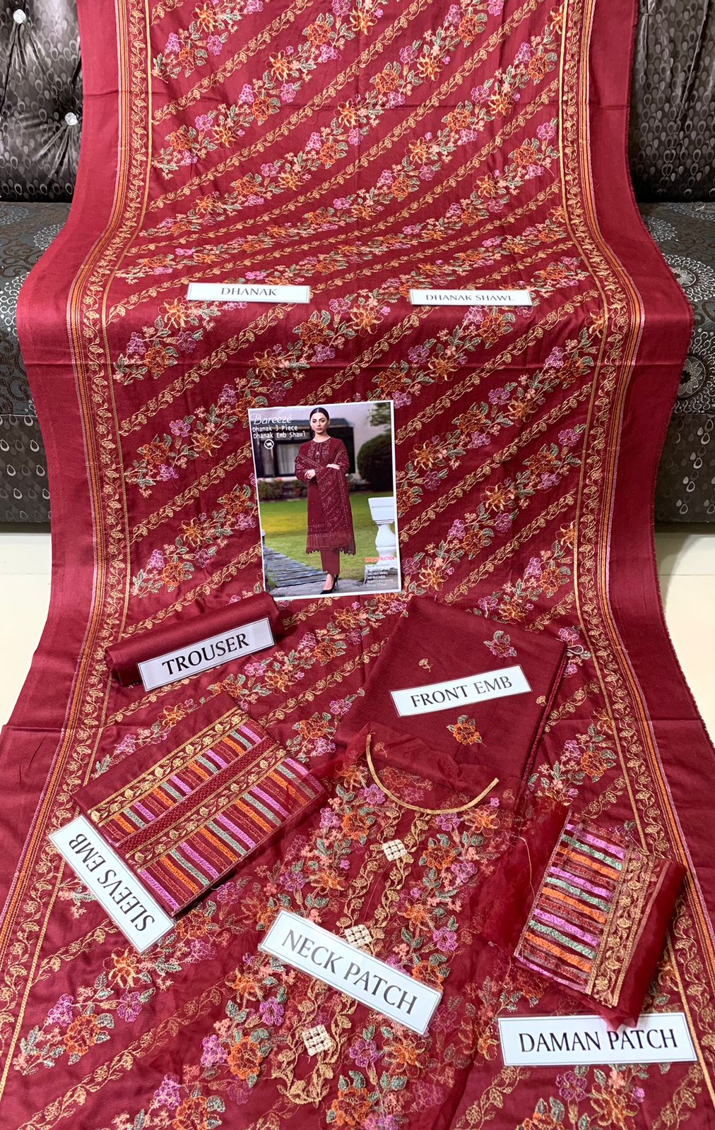 Dhanak 3pc Embroidered Suit with Embroidered Shawl - DESIGN 15