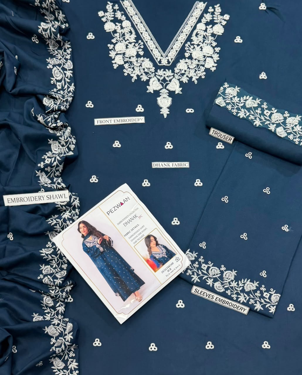 Pure Dhanak 3pc Embroidered Design 12 Navy Blue