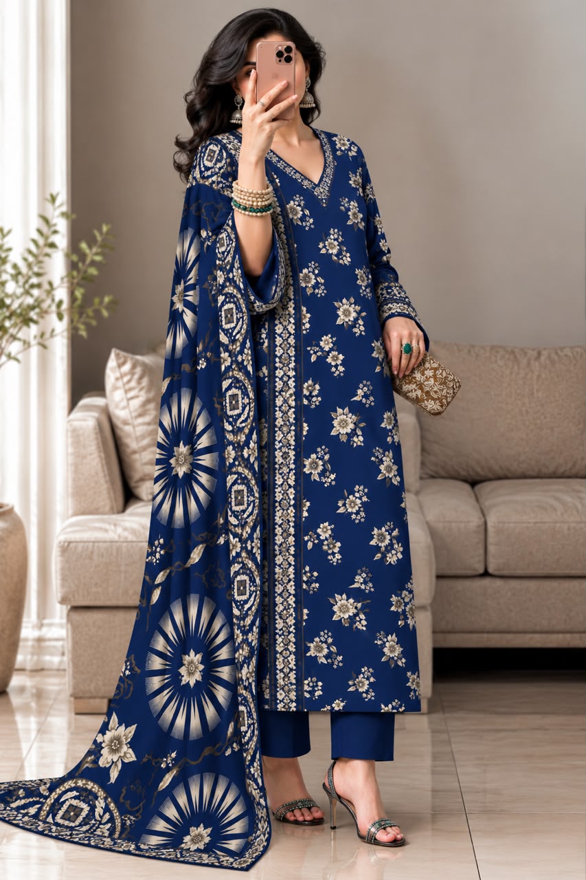 Dhanak Printed 3PC Suit - DESIGN 02