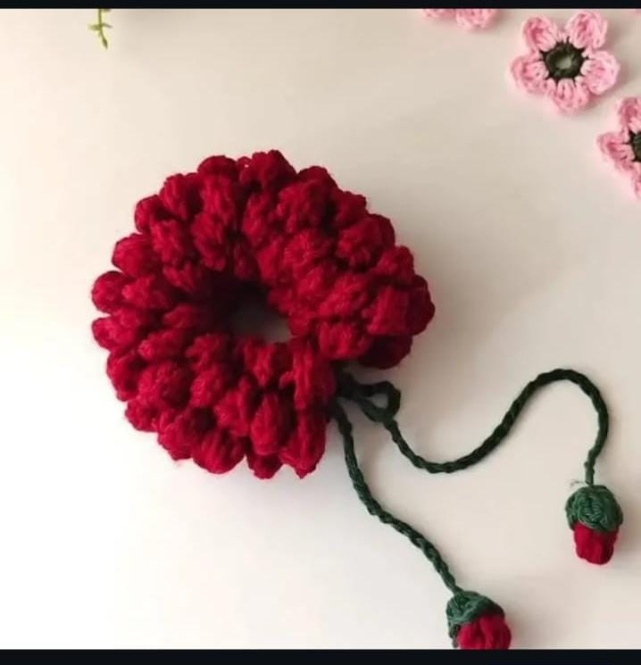 Crochet Puff Scrunchie with Strawberry Charm - Handmade