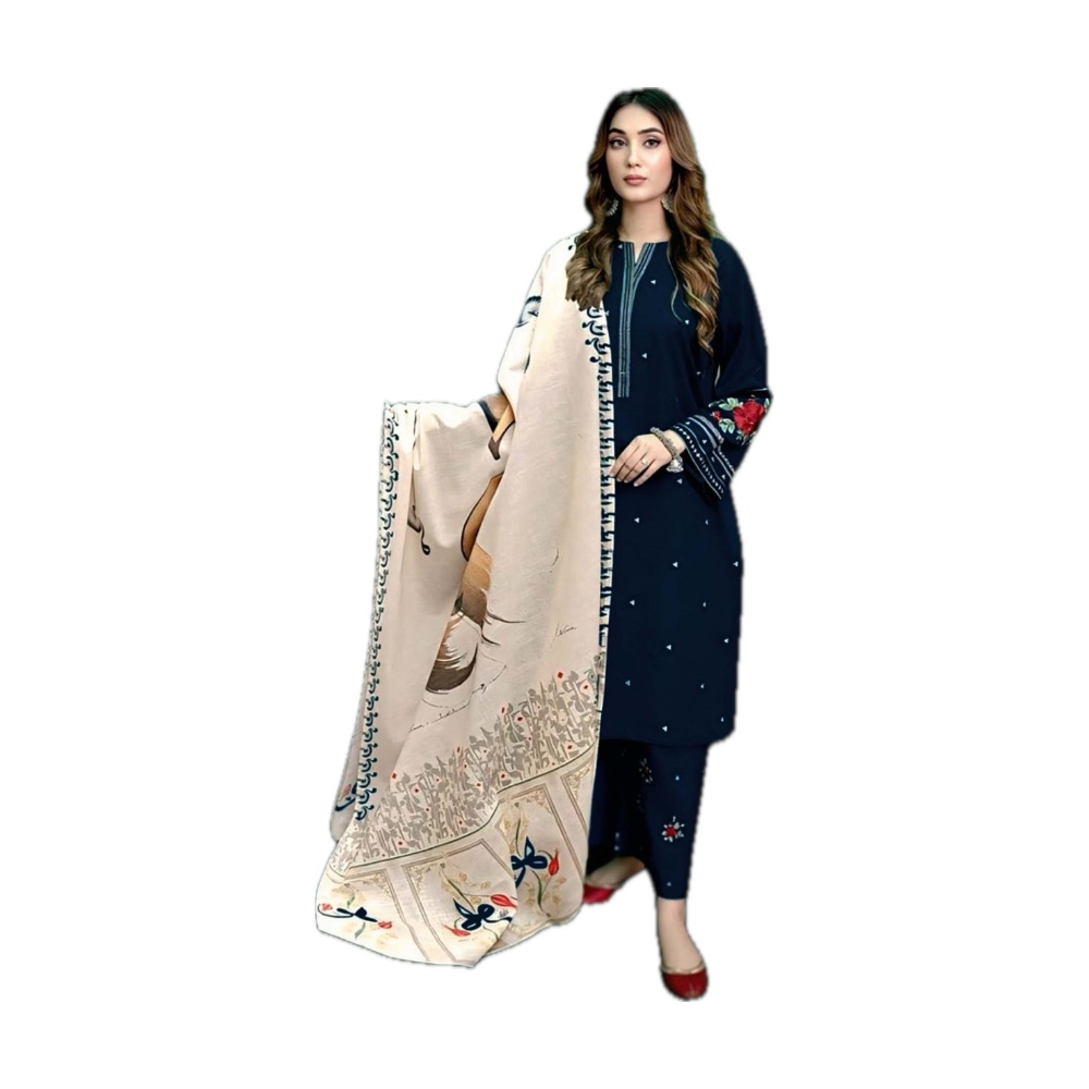 Urge Dhanak 3-Piece - Navy Blue with Cream Print Shawl