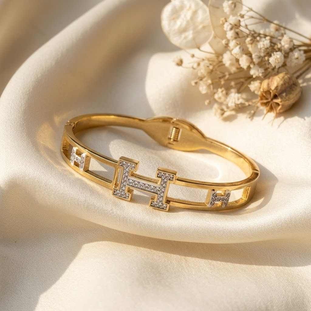 H Style Gold & Crystal Bangle Bracelet