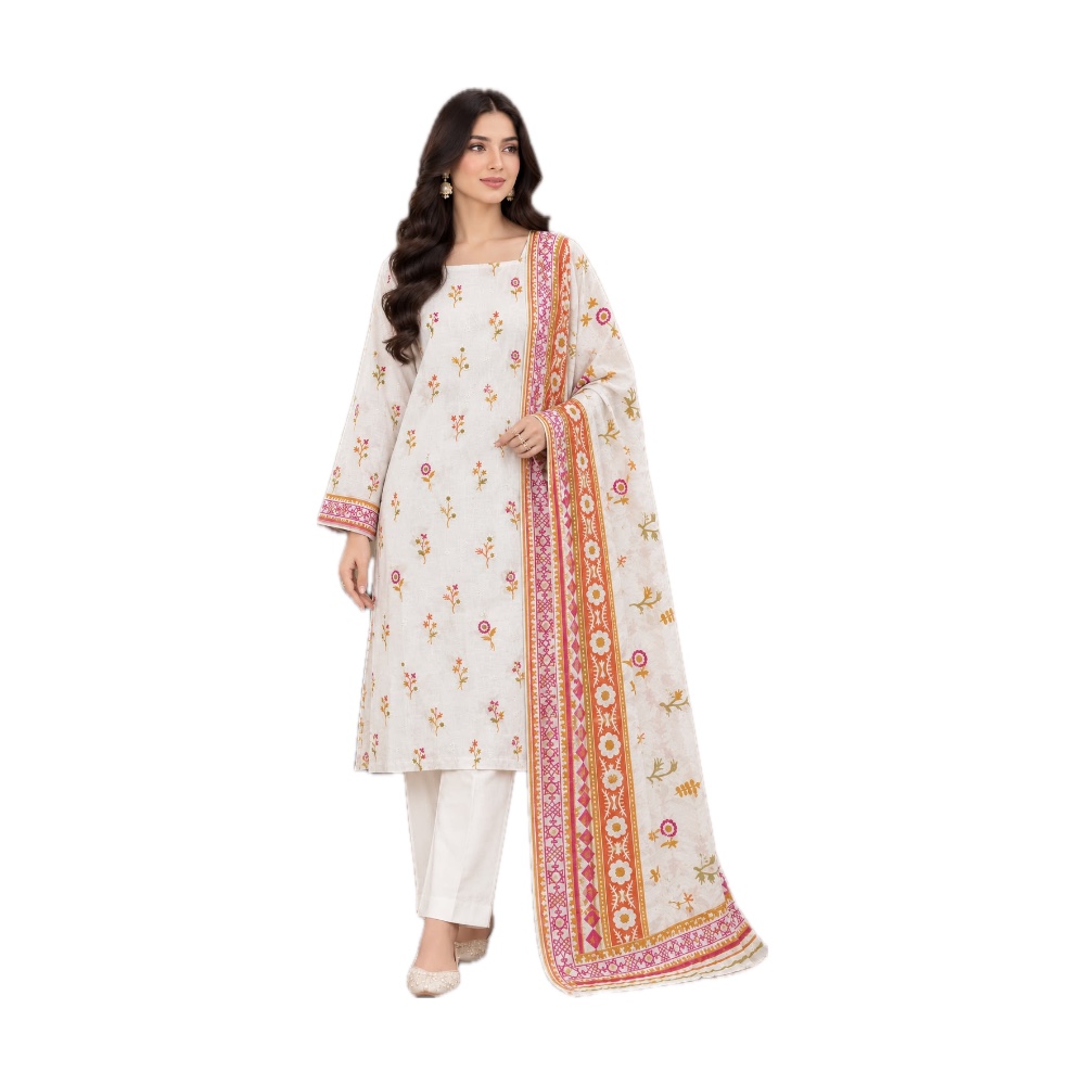 Stitched 3-Piece Lawn Suit - Off-White Embroidered with Printed Dupatta