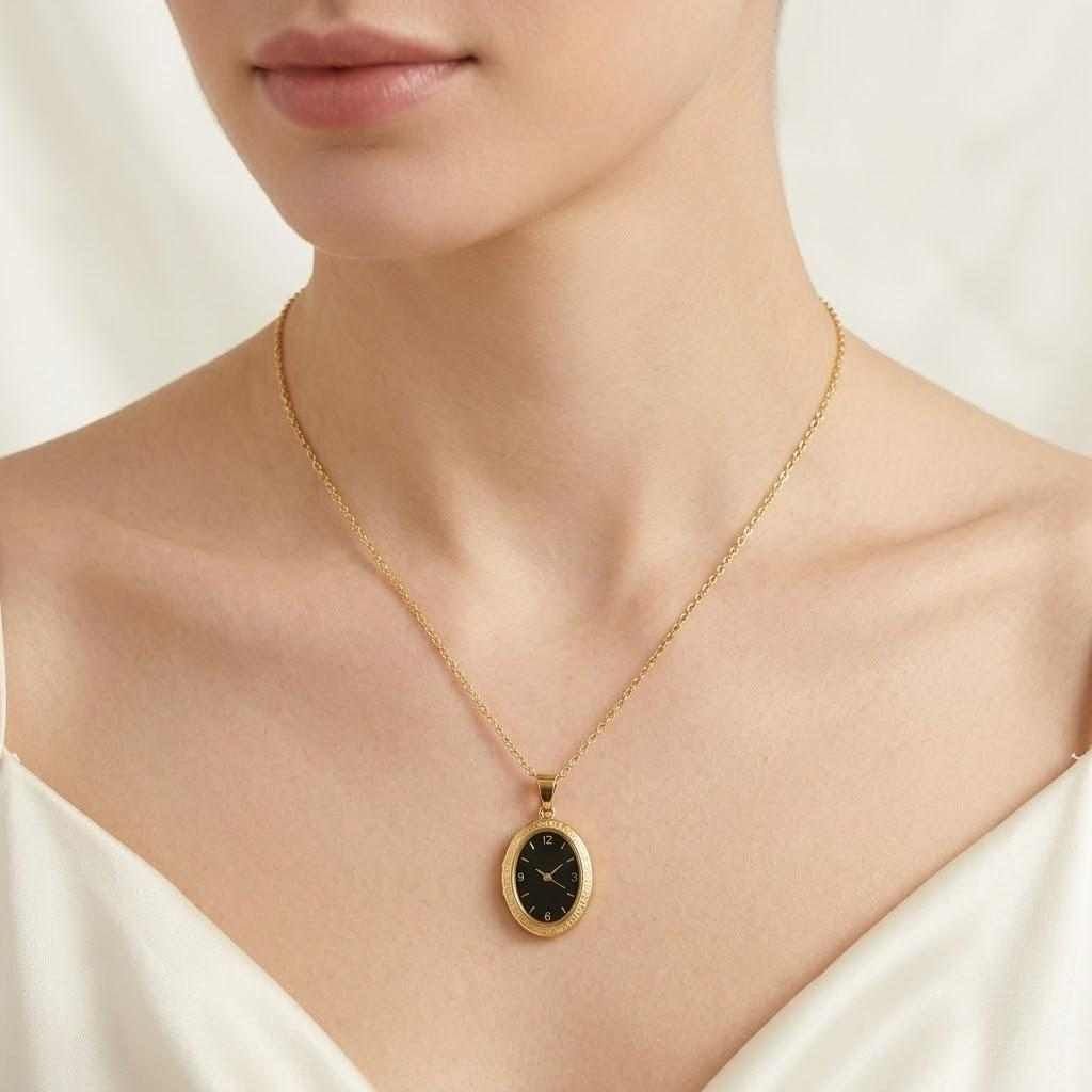 Gold Watch Pendant Necklace - Black Dial
