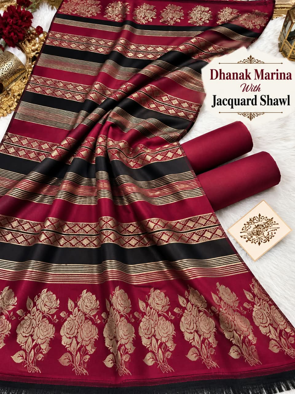 Dhanak Marina 3pc With Jacquard Pashmina Wool Shawl (New) - Magenta