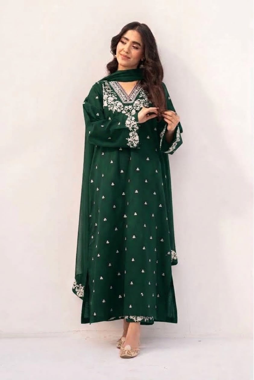 Pure Dhanak 3pc Embroidered Design 03 Bottle Green
