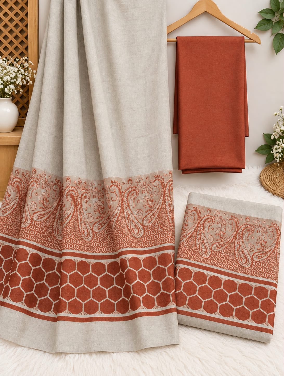 Broshia Jacquard Acrylic Pashmina Velvet Shawl With Dhanak 3pc - Rust