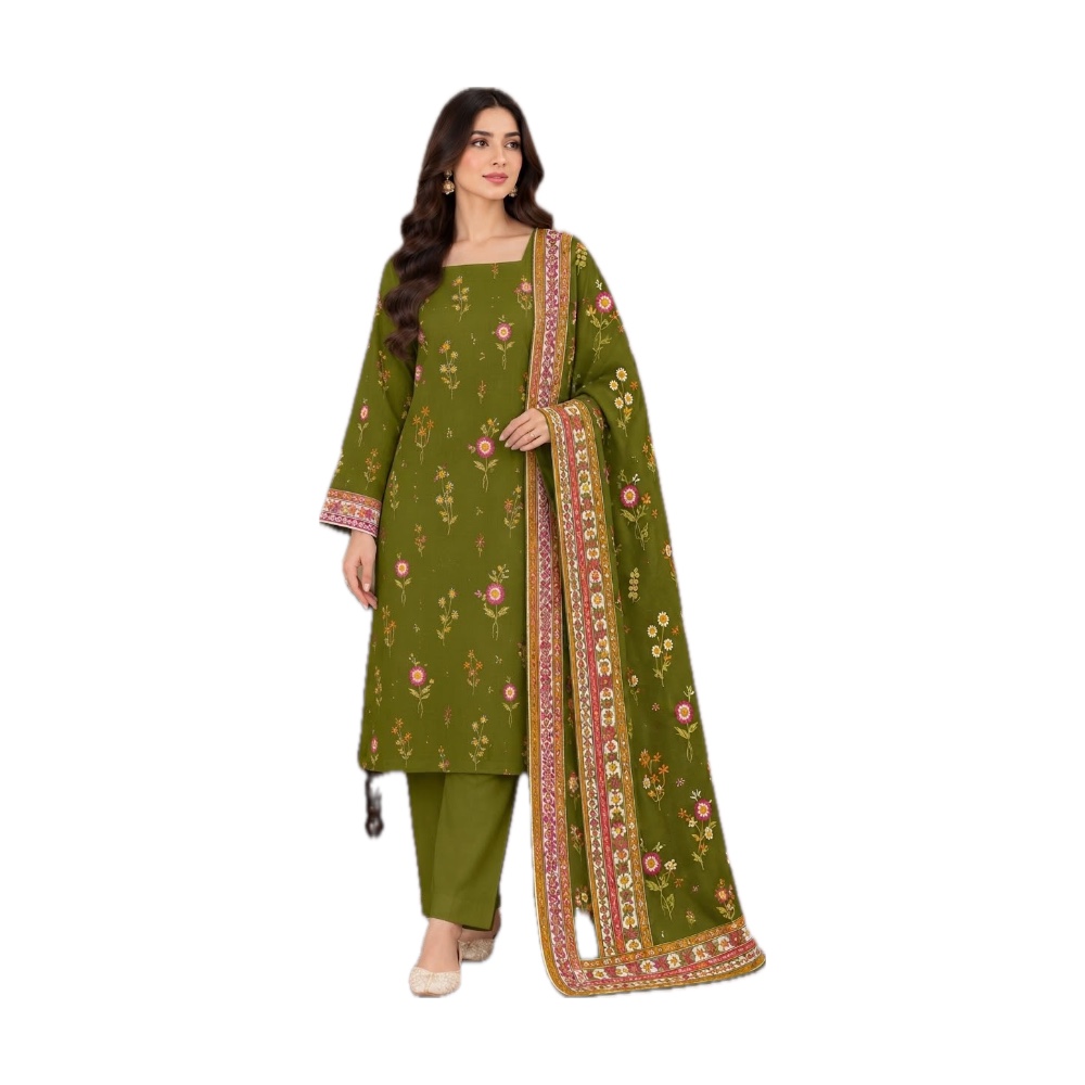 Stitched 3-Piece Lawn Suit - Mehndi Green Embroidered with Printed Dupatta