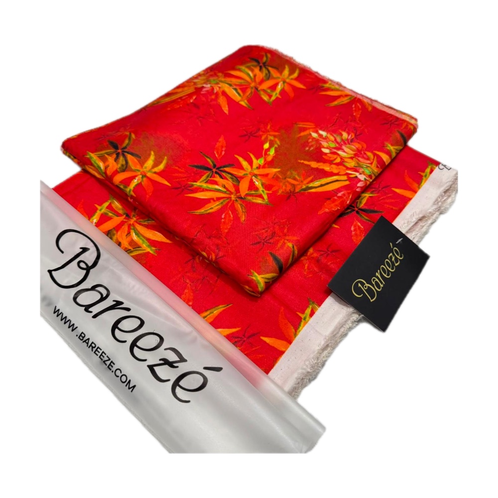 Bareeze Unstitched 2-Piece Lawn - Red & Orange Leaf Print