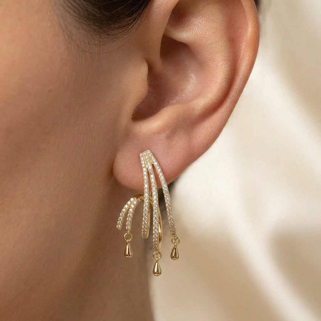 Triple Hoop Crystal Drop Earrings - Gold