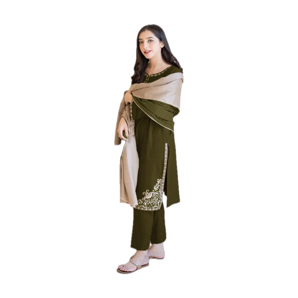 Aisling Dhanak 3-Piece - Olive Green with Beige Shawl