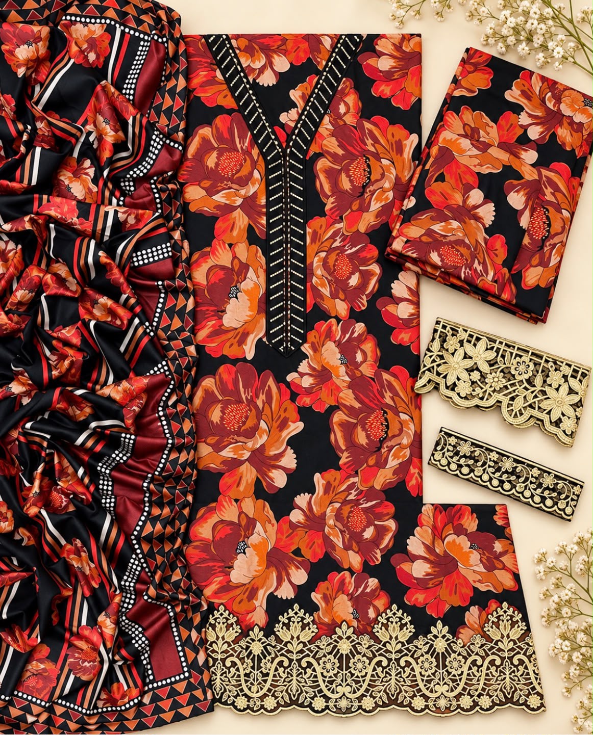 Indian Booti Dhanak Embroidered 3PC Suit - DESIGN 08