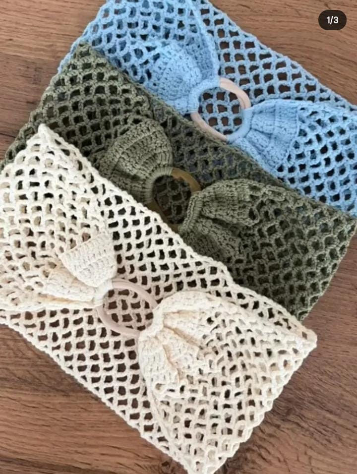 Crochet Mesh Headband with Bow - Handmade