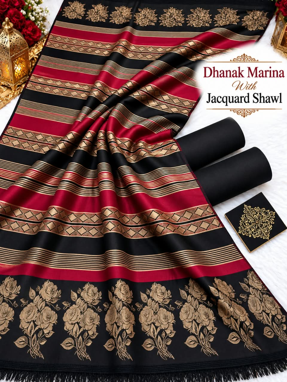 Dhanak Marina 3pc With Jacquard Pashmina Wool Shawl (New) - Black