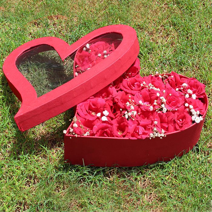 Red Heart Box with Red Roses Arrangement