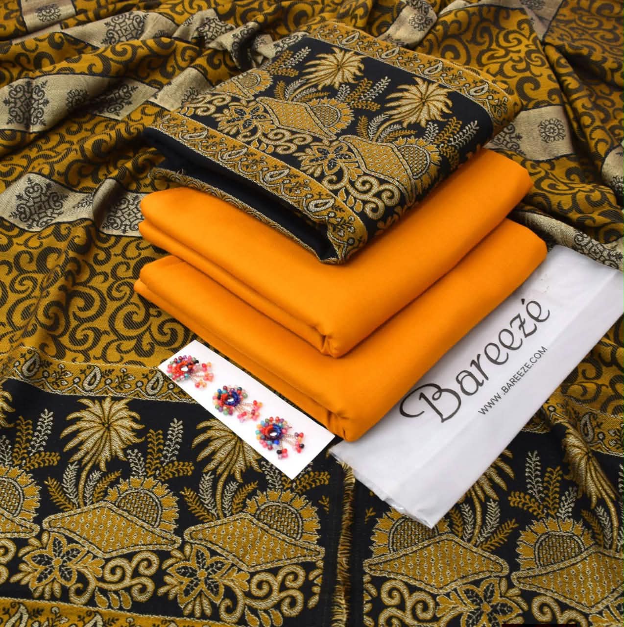 Dhanak Marina 3pc With Jacquard Pashmina 3D Shawl - Mustard