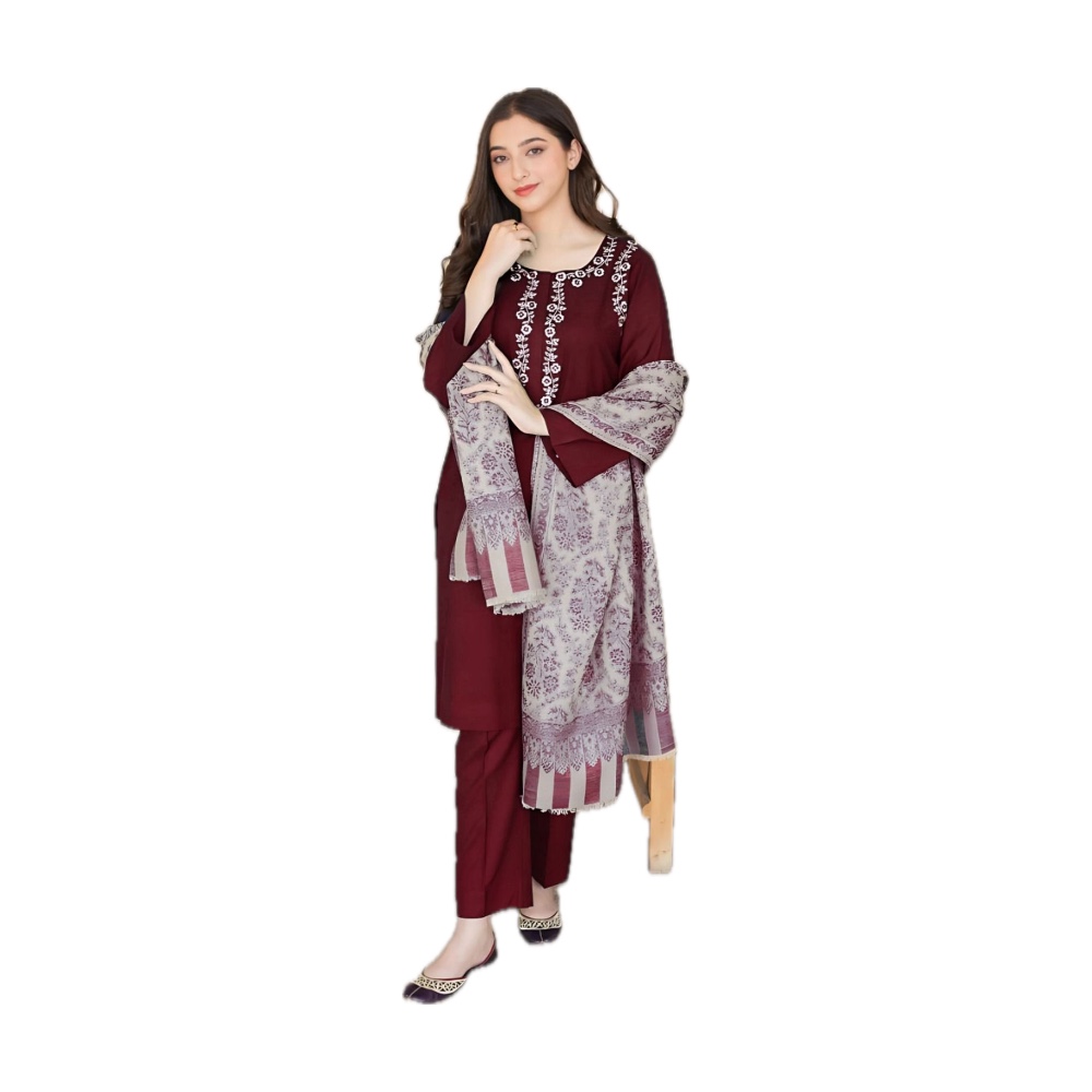 Aisling Dhanak 3-Piece - Maroon with Printed Wool Shawl