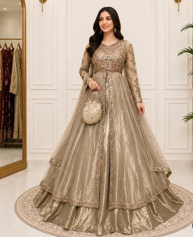 Dull Gold Bridal Open Maxi with Sharara - Kora Dabka Work