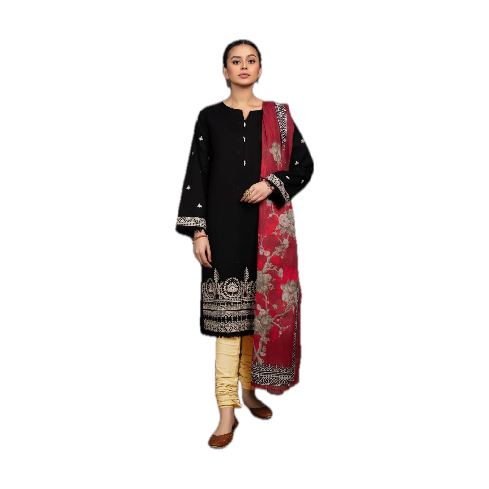 Gul Ahmed Dhanak 3-Piece - Black Embroidered with Red Printed Wool Shawl