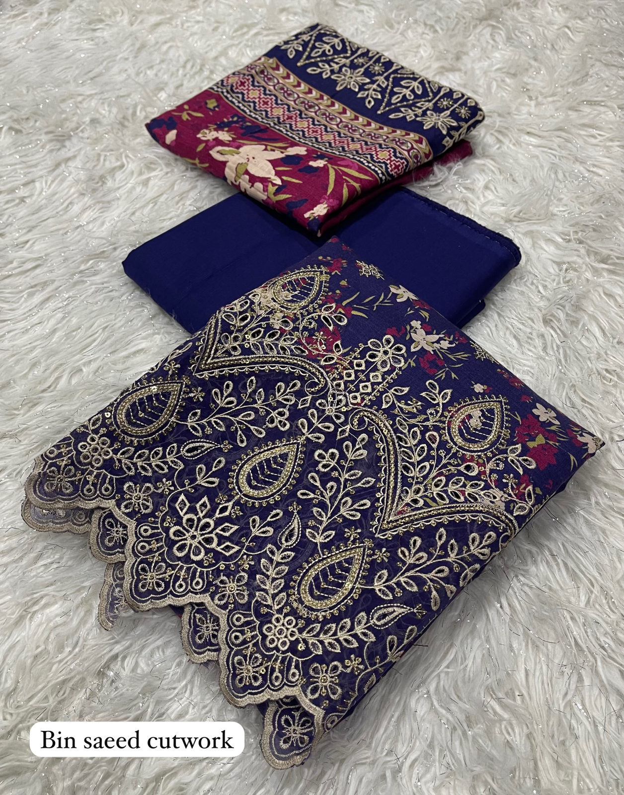 Rawayat Bin Saeed Khaddar Cutwork 3pc - Navy Purple