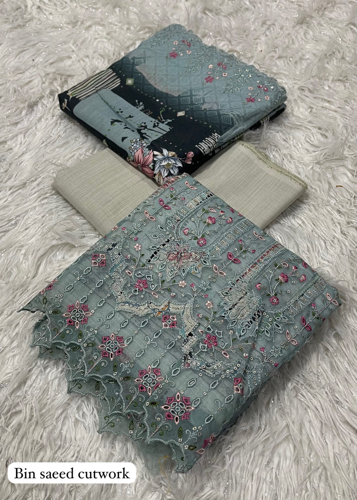 Rawayat Bin Saeed Khaddar Cutwork 3pc - Grey Teal