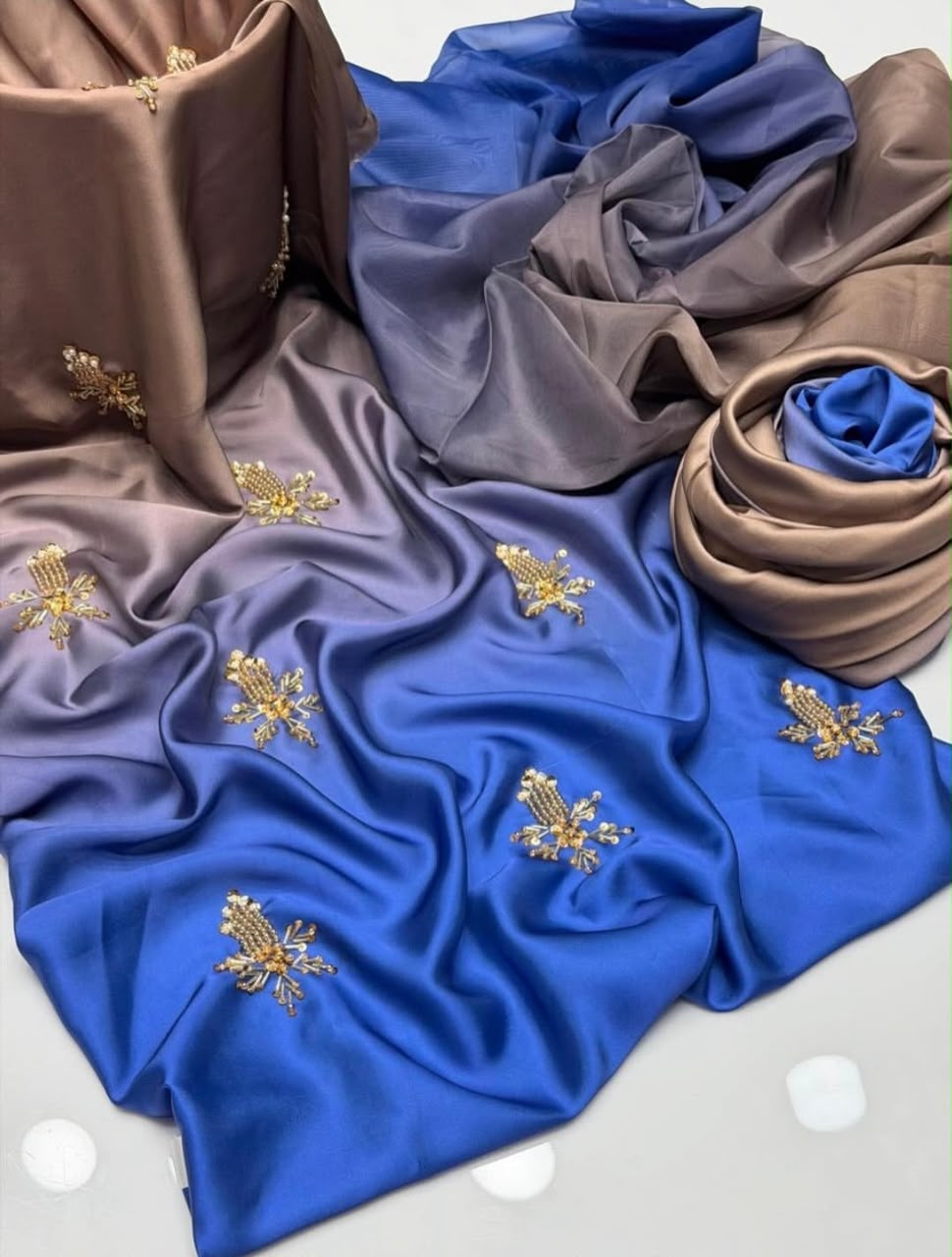 Shamoze Silk Digital Tie And Dye 3pc Premium Version - Blue Beige