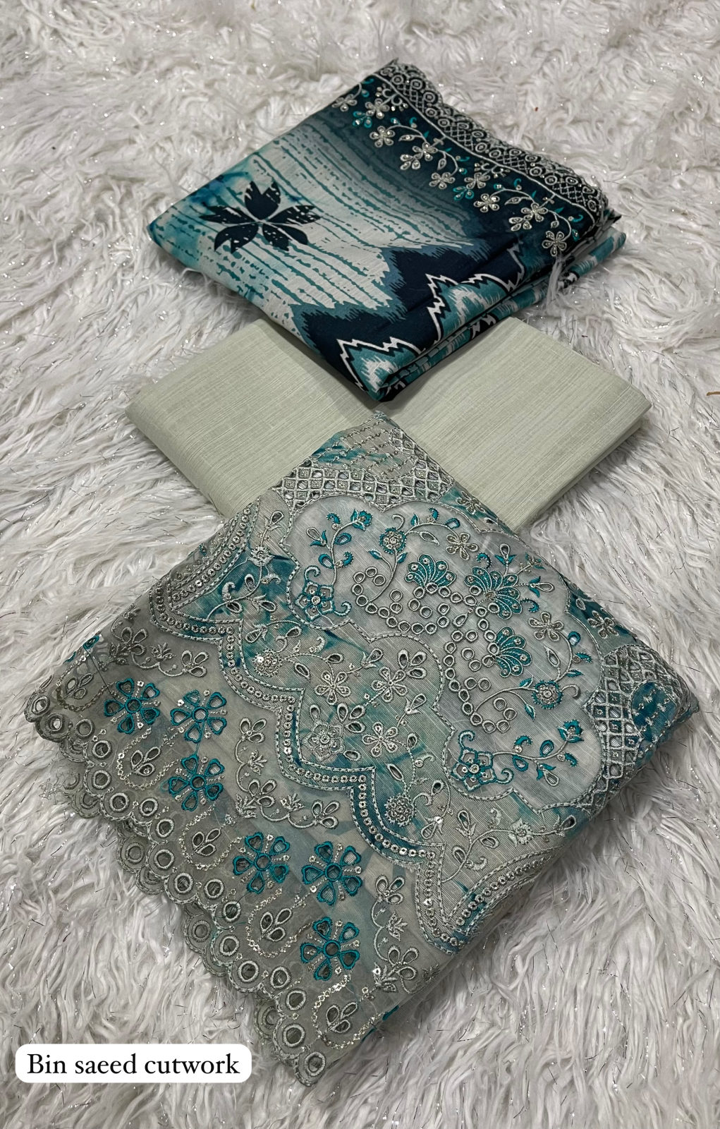 Rawayat Bin Saeed Khaddar Cutwork 3pc - Teal Grey