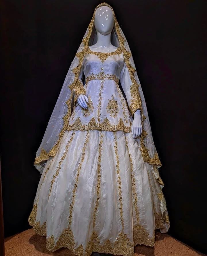 White & Gold Bridal Sharara - Kora Dabka Work