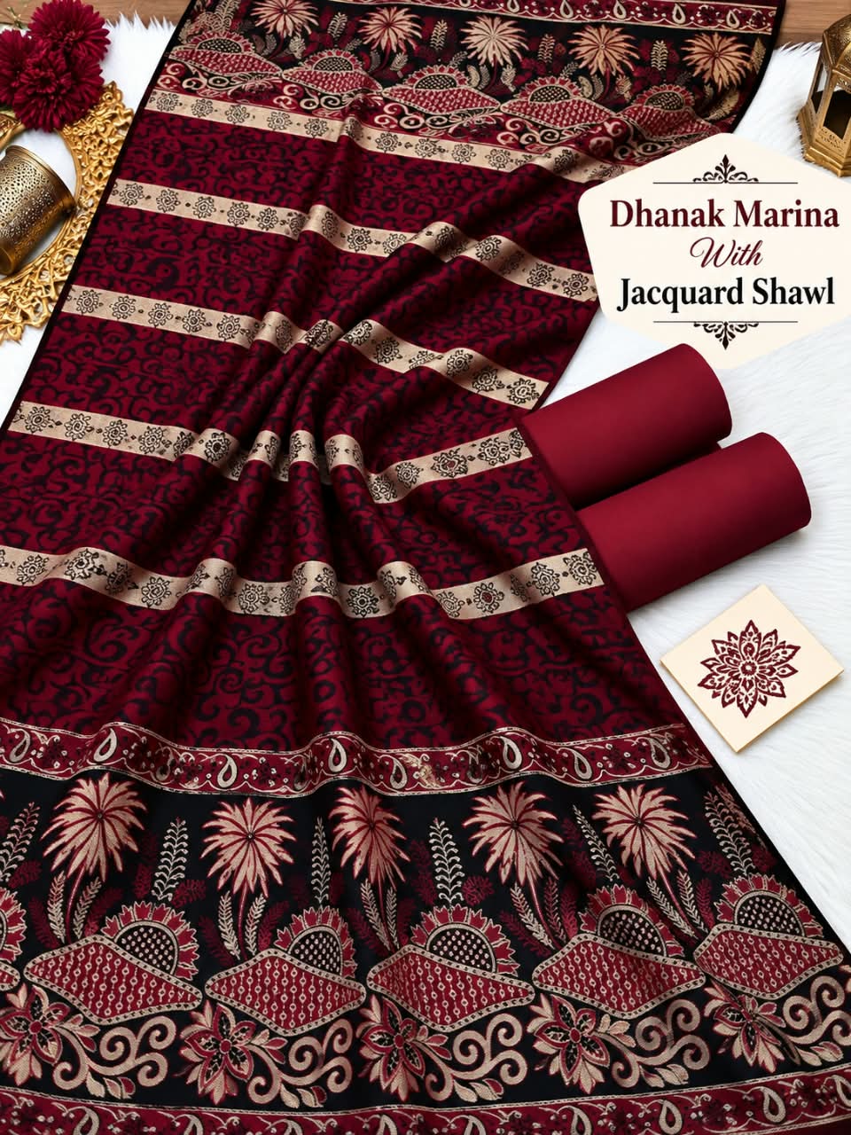Dhanak Marina 3pc With Jacquard Pashmina Wool Shawl (New) - Maroon