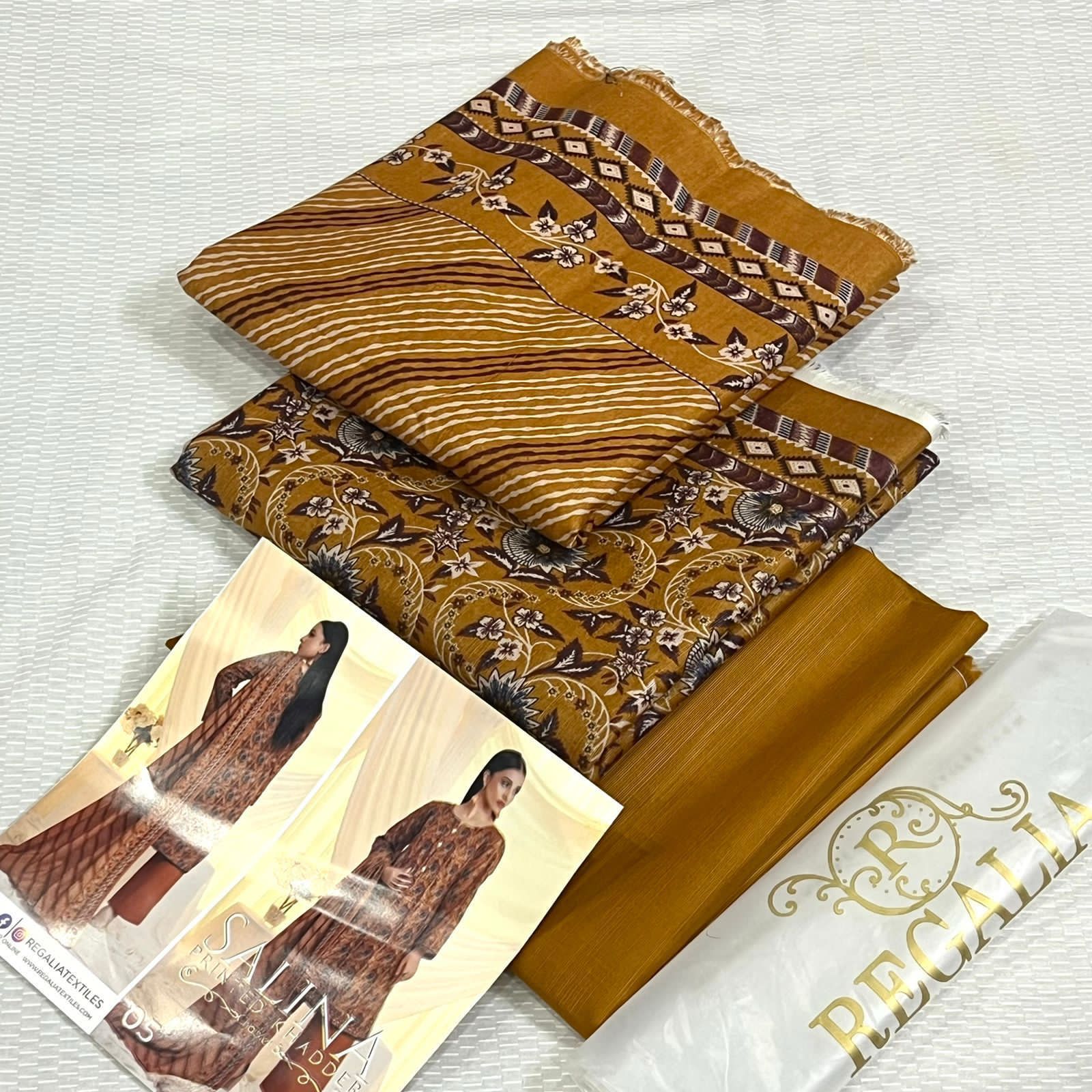 Regalia Original 3pc Printed Khaddar Collection - Mustard Brown