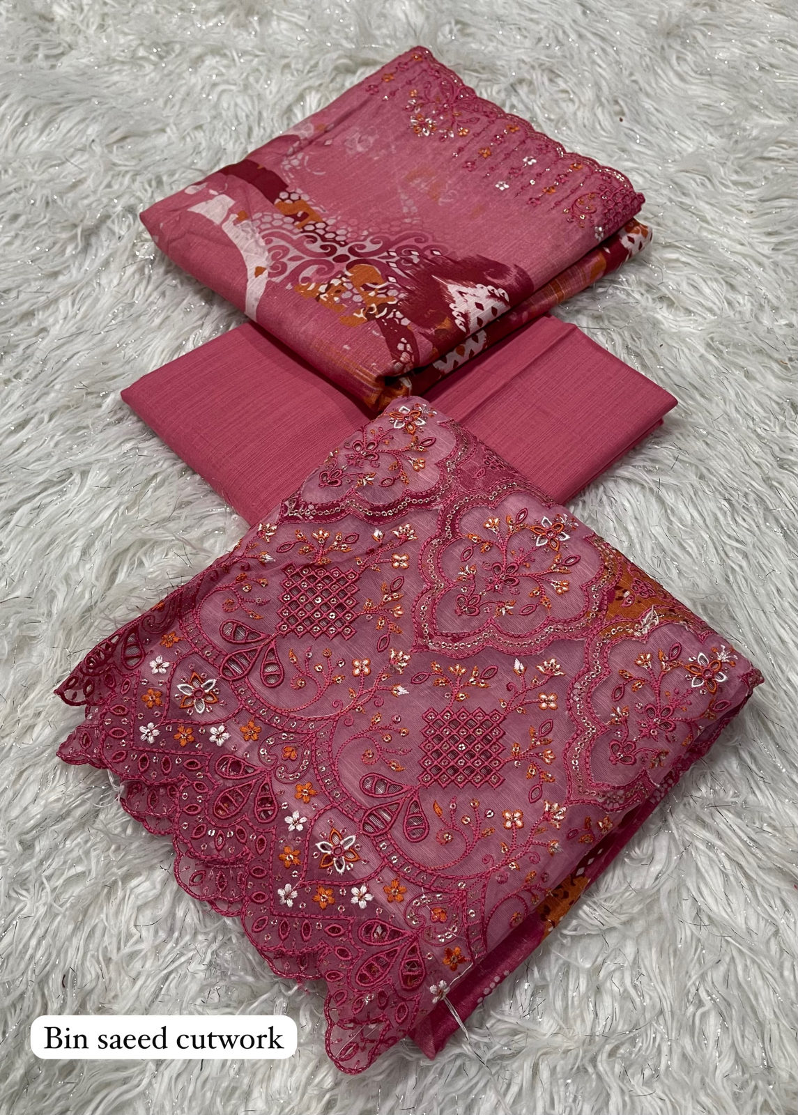 Rawayat Bin Saeed Khaddar Cutwork 3pc - Hot Pink