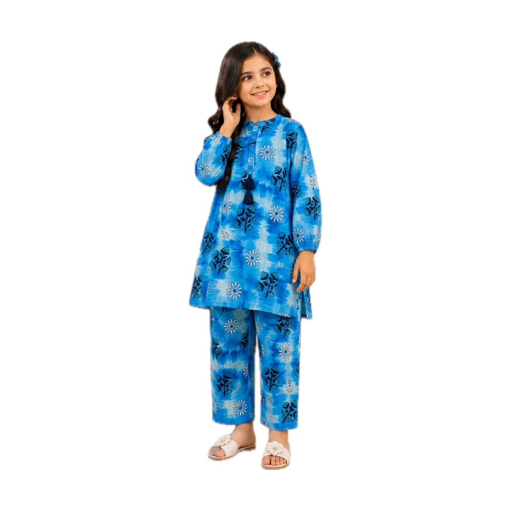 Zellbury Kids Collection KK-12 - Girls 2-Piece Lawn Suit (Blue Tie-Dye Floral)