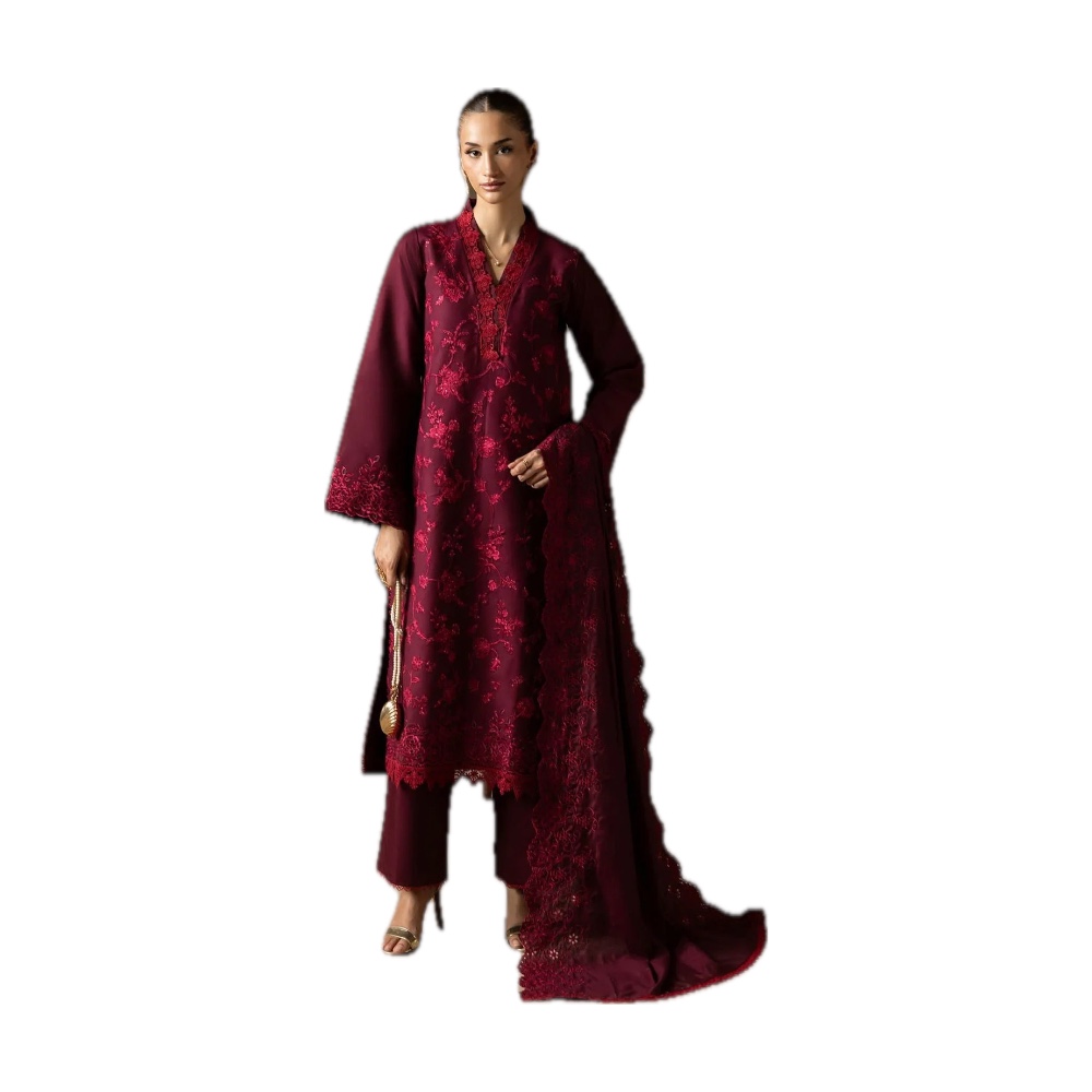 Laam Dhanak 3-Piece - Maroon Floral Embroidered Shawl (Vine Design)
