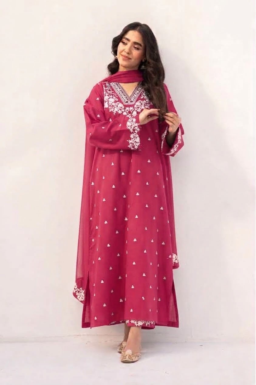 Pure Dhanak 3pc Embroidered Design 01 Pink