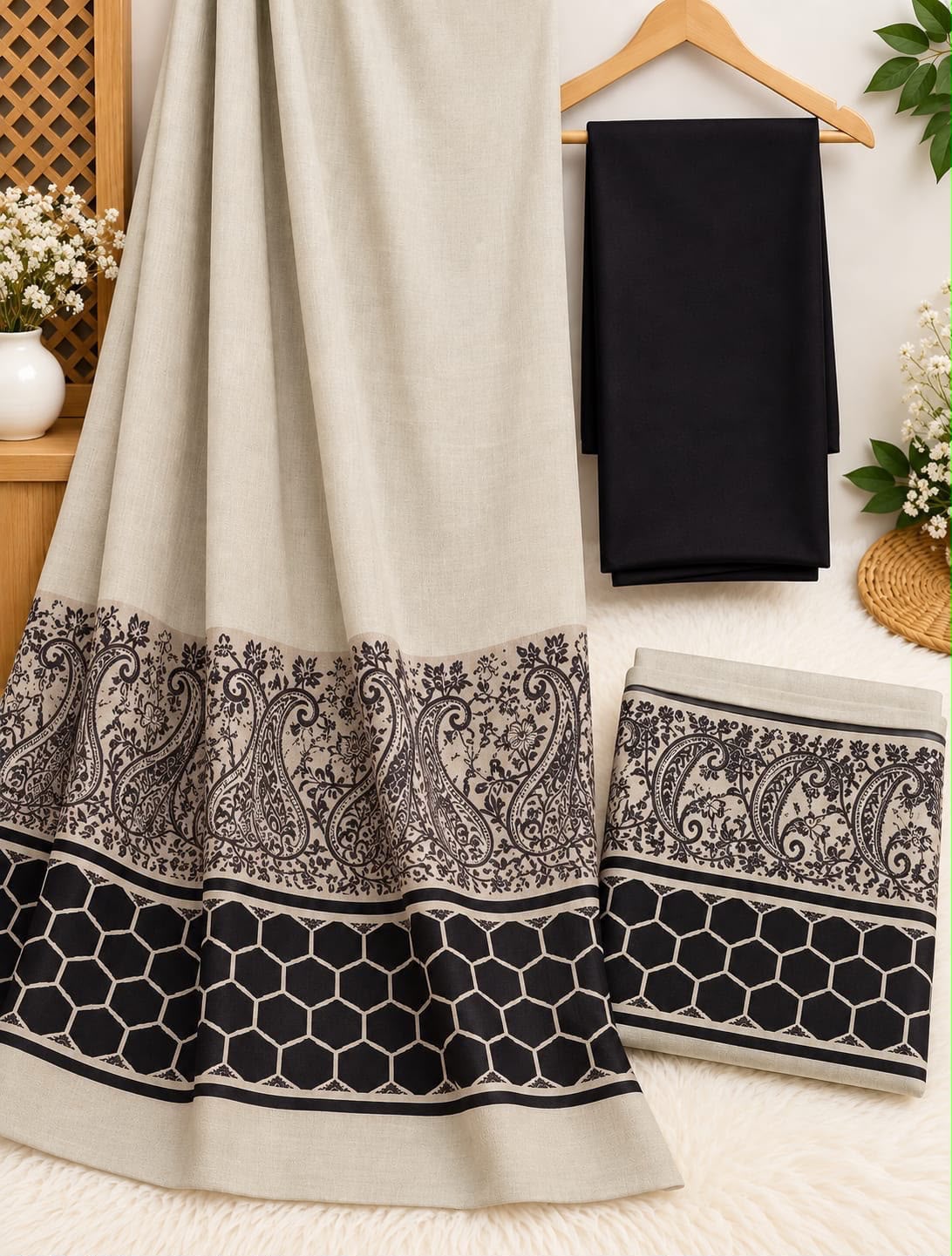 Broshia Jacquard Acrylic Pashmina Velvet Shawl With Dhanak 3pc - Black