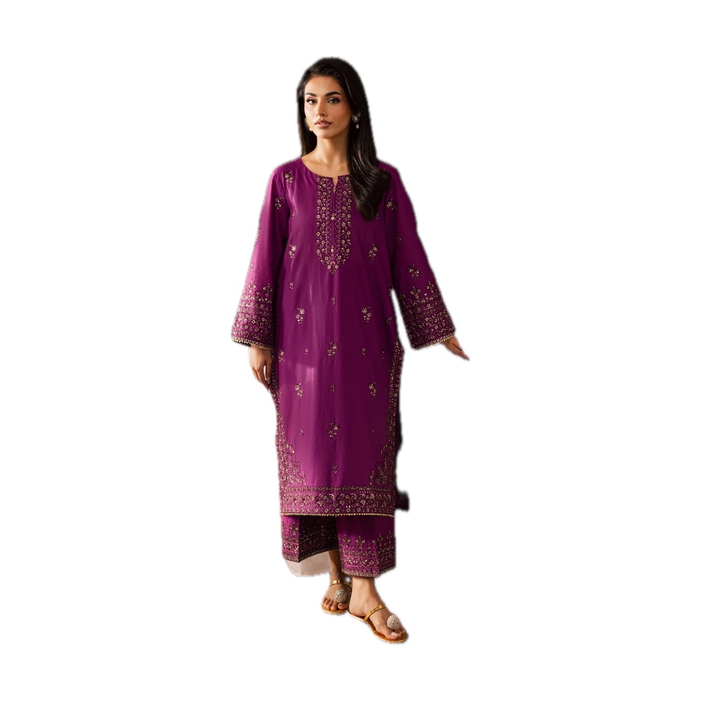 Batik Dhanak 2-Piece Suit - Magenta Purple Golden Embroidered