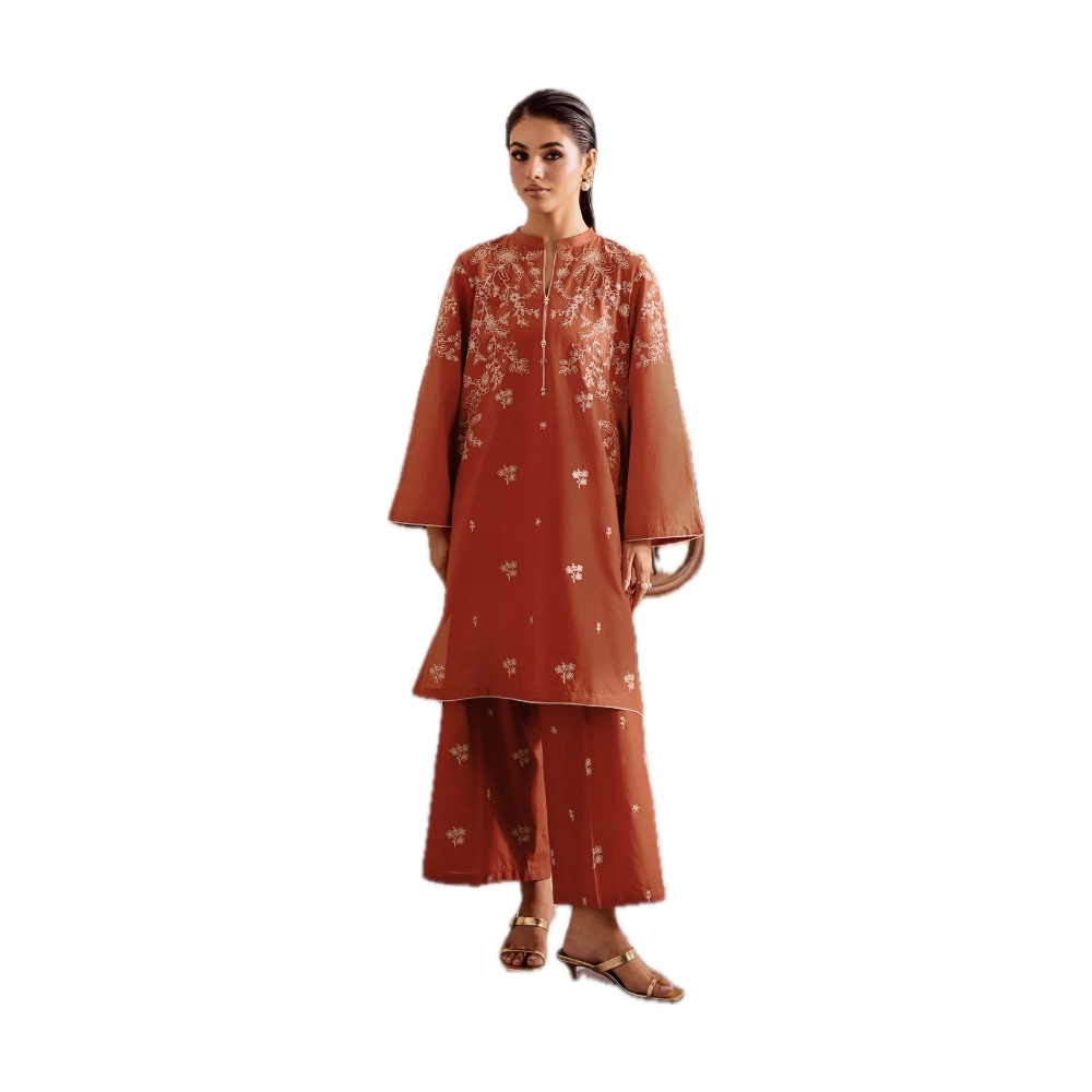 Batik Dhanak 2-Piece Suit - Rust Brown Cream Embroidered