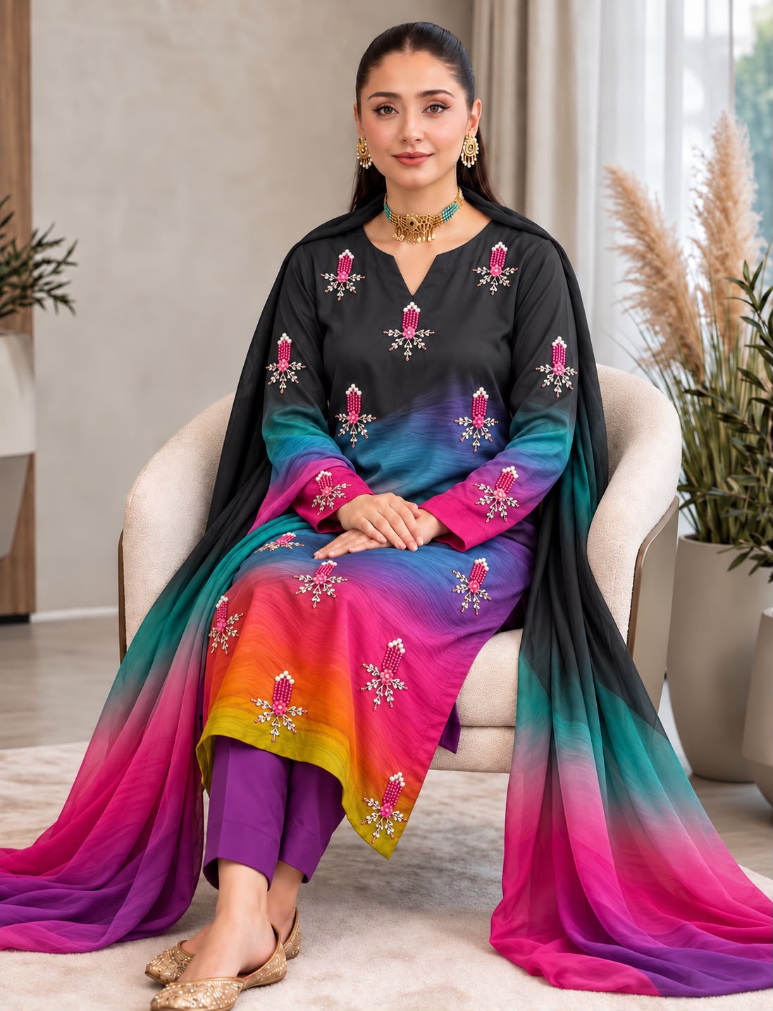 Shamoze Silk Digital Tie And Dye 3pc Premium Version - Black Pink