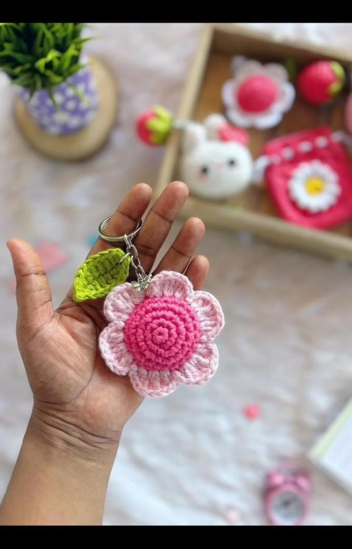 Crochet Flower Keychain with Leaf - Handmade