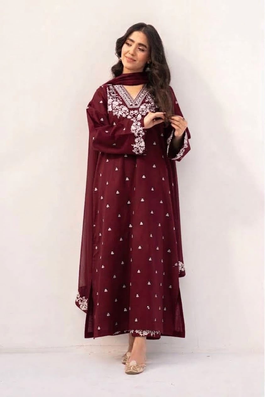 Pure Dhanak 3pc Embroidered Design 05 Maroon